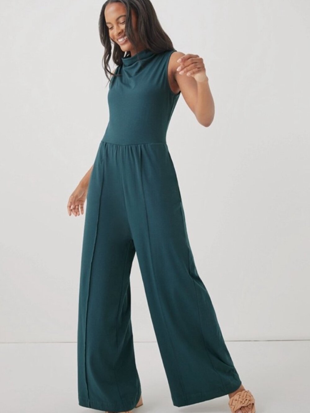 PACT NWT Organic Cotton Wide Leg High Rise Cowl Neck Sleeveless Jumpsuit Teal, S